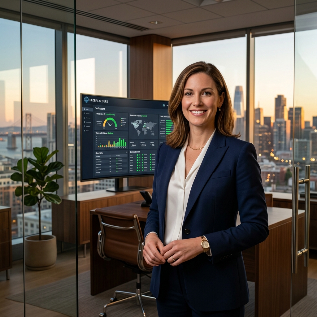 Cybersecurity professional in a modern office with CyberShield-360 dashboard