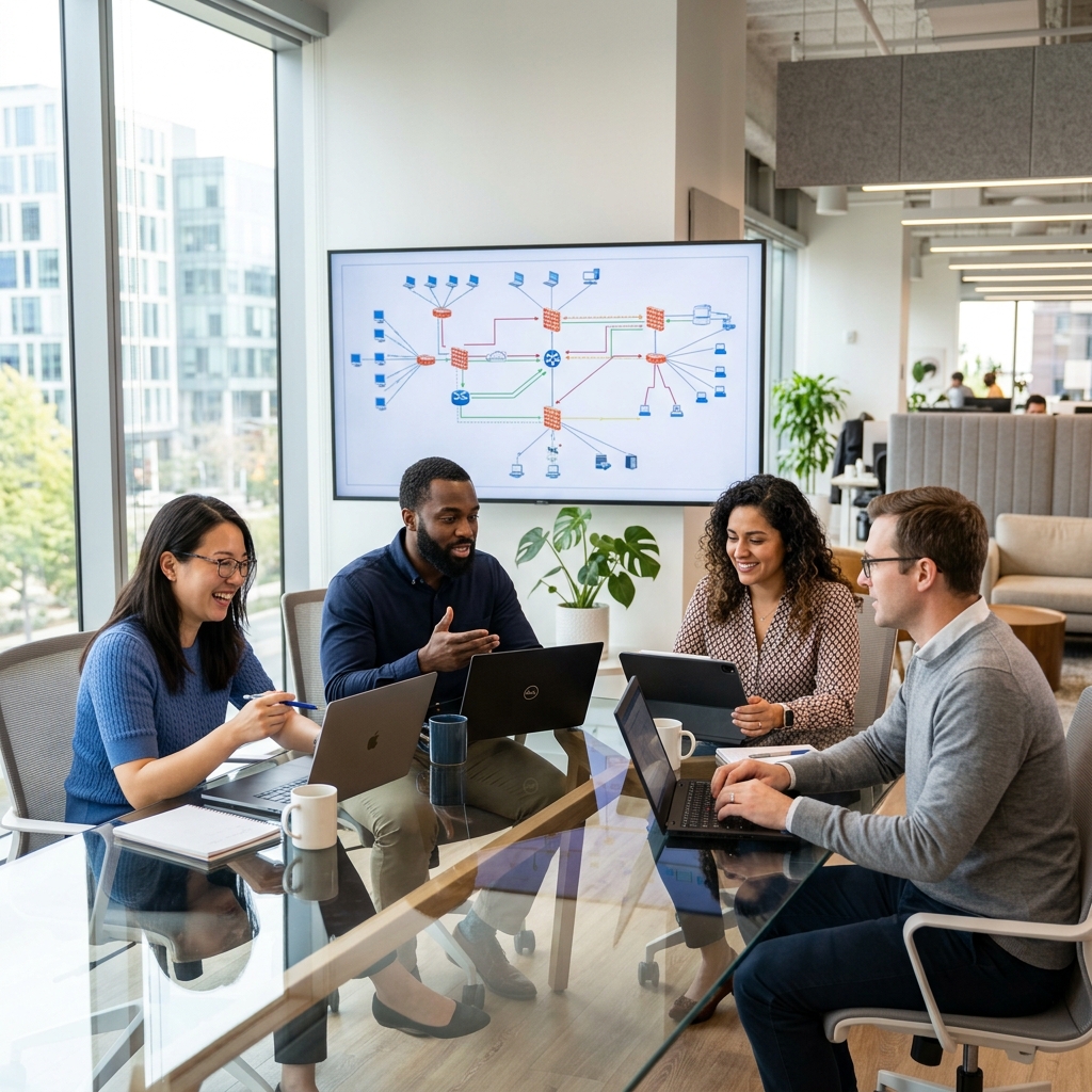 Cybersecurity team collaborating in a modern office
